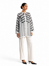 Load image into Gallery viewer, black white leaf pattern jacket - editorial-model-three-quarter
