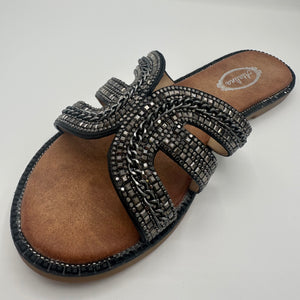 Crystal Embellished Flat Slip-On Sandals (Black/Silver)