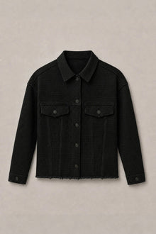 Load image into Gallery viewer, Black rhinestone trucker jacket, front view

