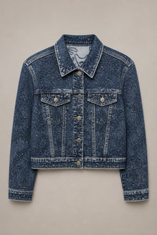 Load image into Gallery viewer, Paisley Rhinestone Denim Jacket in Blue — Front product view
