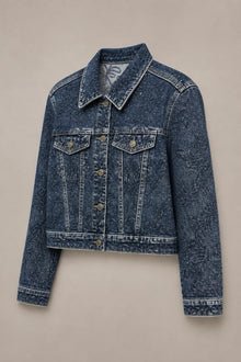 Load image into Gallery viewer, Paisley Rhinestone Denim Jacket in Blue — Three-quarter product view
