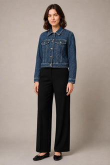 Load image into Gallery viewer, Paisley Rhinestone Denim Jacket in Blue — AI-assisted styling, three-quarter view
