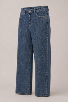 Load image into Gallery viewer, Paisley Rhinestone Jeans in Blue — Three-quarter product view
