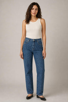 Load image into Gallery viewer, Paisley Rhinestone Jeans in Blue — AI-assisted styling, front view
