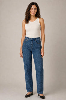 Load image into Gallery viewer, Paisley Rhinestone Jeans in Blue — AI-assisted styling, three-quarter view

