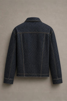 Load image into Gallery viewer, Dark blue denim rhinestone trucker jacket, back view
