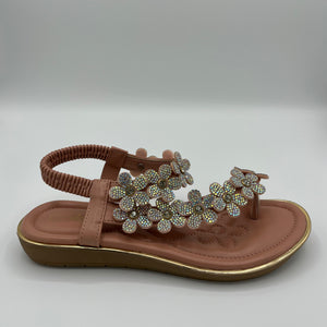 Blooming Crystal T-Strap Sandal with Elastic Comfort Band