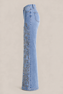 Load image into Gallery viewer, Classic Light-Wash Denim Pants — side view, floral front panel and plain back panel

