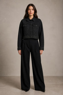 Load image into Gallery viewer, Embellished Cropped Jacket in Black — AI-assisted styling, front view

