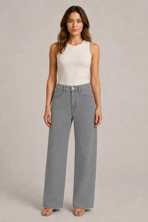 Rhinestone Jeans in Light Gray — AI-assisted styling, front view