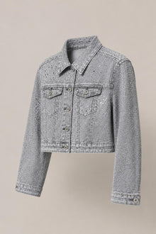 Load image into Gallery viewer, Rhinestone Denim Jacket in Light Gray — Three-quarter product view
