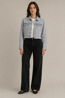 Load image into Gallery viewer, Rhinestone Denim Jacket in Light Gray — AI-assisted styling, front view
