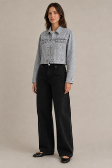 Load image into Gallery viewer, Rhinestone Denim Jacket in Light Gray — AI-assisted styling, three-quarter view
