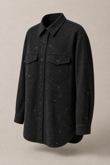 Load image into Gallery viewer, Rhinestone Shirt Jacket in Black — AI-assisted three-quarter product view
