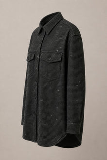 Load image into Gallery viewer, Rhinestone Shirt Jacket in Black — AI-assisted side product view
