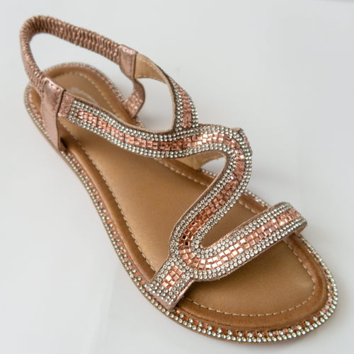 Crystal Curved Strap Slingback Sandals in Champagne