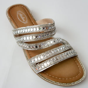 Strappy Crystal Slip-on Flat Sandals in Silver