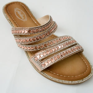 Strappy Crystal Slip-on Flat Sandals in Champagne/Rose Gold
