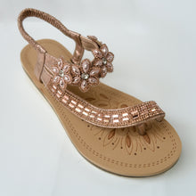 Load image into Gallery viewer, Floral Crystal Embellished Toe Ring Slingback Sandals in Champagne/Rose gold
