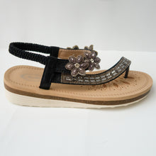 Load image into Gallery viewer, Floral Crystal Embellished Toe Ring Slingback Sandals in Black
