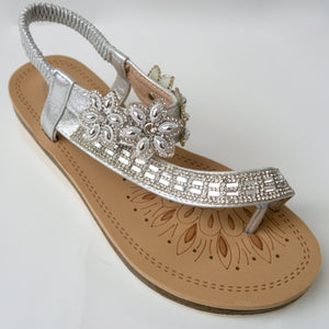 Floral Crystal Embellished Toe Ring Slingback Sandals in Silver