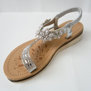 Floral Crystal Embellished Toe Ring Slingback Sandals in Silver