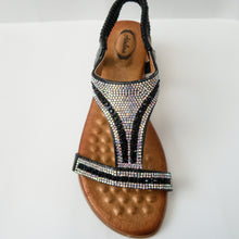 Load image into Gallery viewer, Black Comfortable Padded Crystal Embellished Open-Toe Sandals with Slingback Strap 
