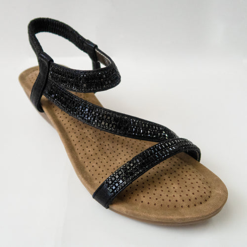 Strappy Crystal-Embellished Slingback Strap Open-Toe Sandals in Black