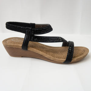 Strappy Crystal-Embellished Slingback Strap Open-Toe Slight Wedge Sandals in Black