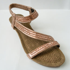 Strappy Crystal-Embellished Slingback Strap Open-Toe Sandals in Champagne/Rose Gold