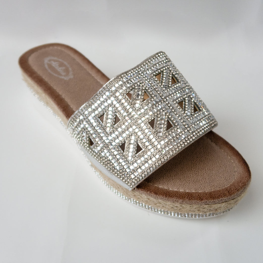 Silver Flatform Crystal Triangular Cutout Slip-On Sandals