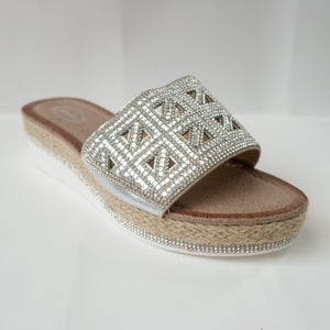 Silver Flatform Crystal Triangular Cutout Slip-On Sandals