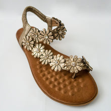 Load image into Gallery viewer, Floral/Flower embellished Toe Ring Slingback Flat Sandals in Gold
