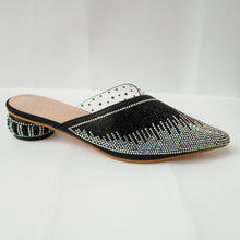 Load image into Gallery viewer, iridescent crystal cascading pointed-toe kitten-heel mule in black
