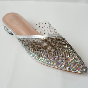 iridescent crystal cascading pointed-toe kitten-heel mule in silver
