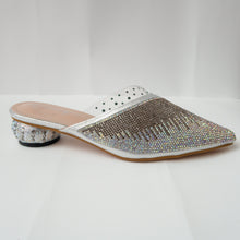 Load image into Gallery viewer, iridescent crystal cascading pointed-toe kitten-heel mule in silver
