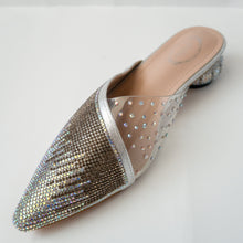 Load image into Gallery viewer, iridescent crystal cascading pointed-toe kitten-heel mule in silver
