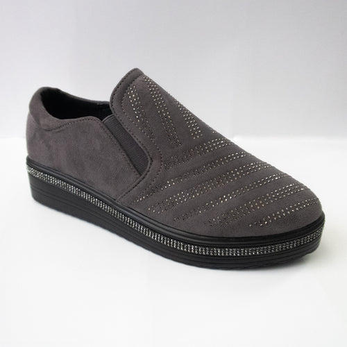Dark grey slip-on sneakers with diagonal crystal-embellishments on the upper