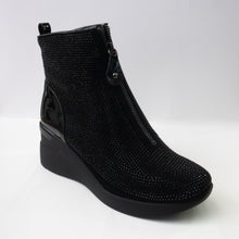 Load image into Gallery viewer, Black crystal wedge boots with a zip-up upper.
