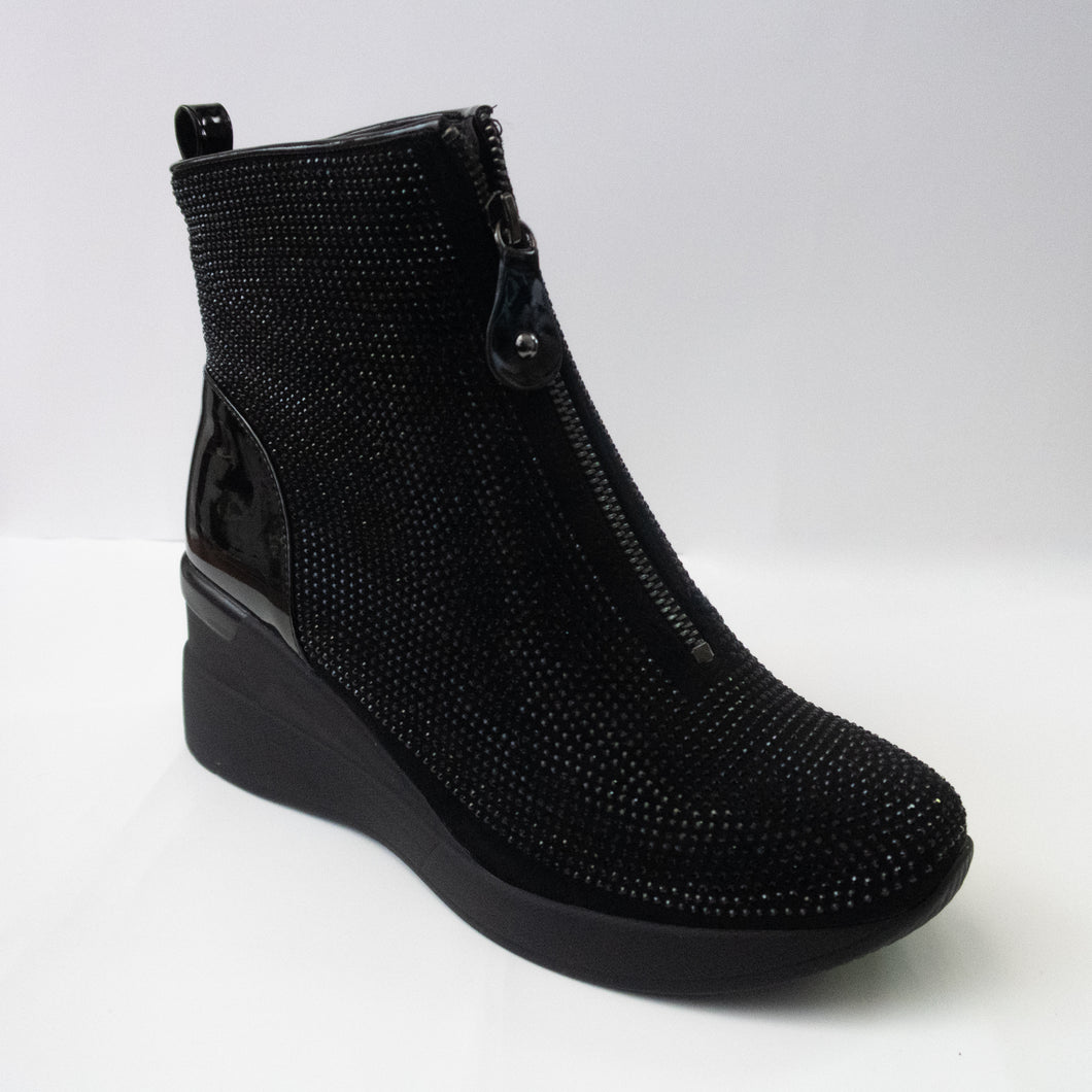 Black crystal wedge boots with a zip-up upper.
