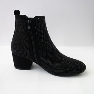 Black crystal ankle booties with a slight heel and side-zipper.