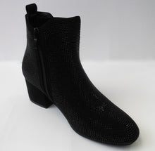 Load image into Gallery viewer, Black crystal ankle booties with a slight heel and side-zipper.
