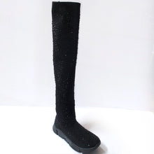 Load image into Gallery viewer, Black knee-high sock sneaker boot hybrid with crystal embellishments. Stretchy sock-knit upper embellished with black crystals. Pull-on style. Black sneaker-like soles.
