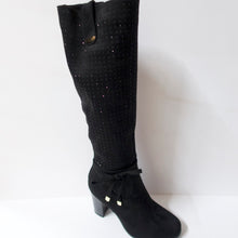 Load image into Gallery viewer, Crystal-embellished black knee-high boots with a side-bow on the ankle. Inner side zipper. Suede-like upper with black crystal embellishments. Block heel.
