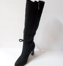 Load image into Gallery viewer, Crystal-embellished black knee-high boots with a side-bow on the ankle. Inner side zipper. Suede-like upper with black crystal embellishments. Block heel.
