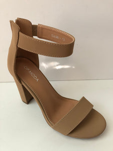 Tan Strappy High Heels. Tan camel colored sandal high heels with large straps. Chunky heel. Secure fit with zipper closed heel backing. Open toe sandal. Good for parties and fancy events.