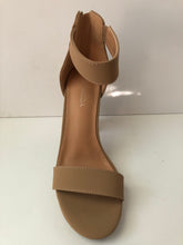 Load image into Gallery viewer, Tan Strappy High Heels. Tan camel colored sandal high heels with large straps. Chunky heel. Secure fit with zipper closed heel backing. Open toe sandal. Good for parties and fancy events.
