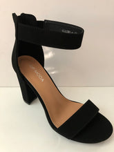 Load image into Gallery viewer, Black strappy party shoes. Strappy high heels. Open toe sandal high heels in black with large straps. Chunky heel. Secure fit with zipper closed heel backing. Good for parties and fancy events. Party shoes
