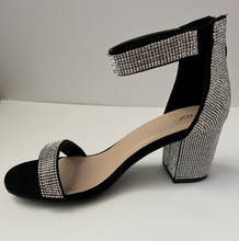 Load image into Gallery viewer, Black Chunky High Heel Sandal with White Crystal Embellishments. Low high heel. 3 inch heel. Zipper backing. Good for formal and casual occasions. Side view.
