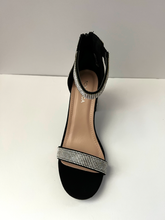 Load image into Gallery viewer, Black Chunky High Heel Sandal with White Crystal Embellishments. Low high heel. 3 inch heel. Zipper backing. Good for formal and casual occasions. Front view.
